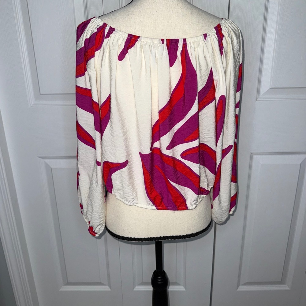NINE WEST Cropped Women's Abstract‎ Print Off Shoulder Long Sleeve Blouse Top L - Picture 4 of 9